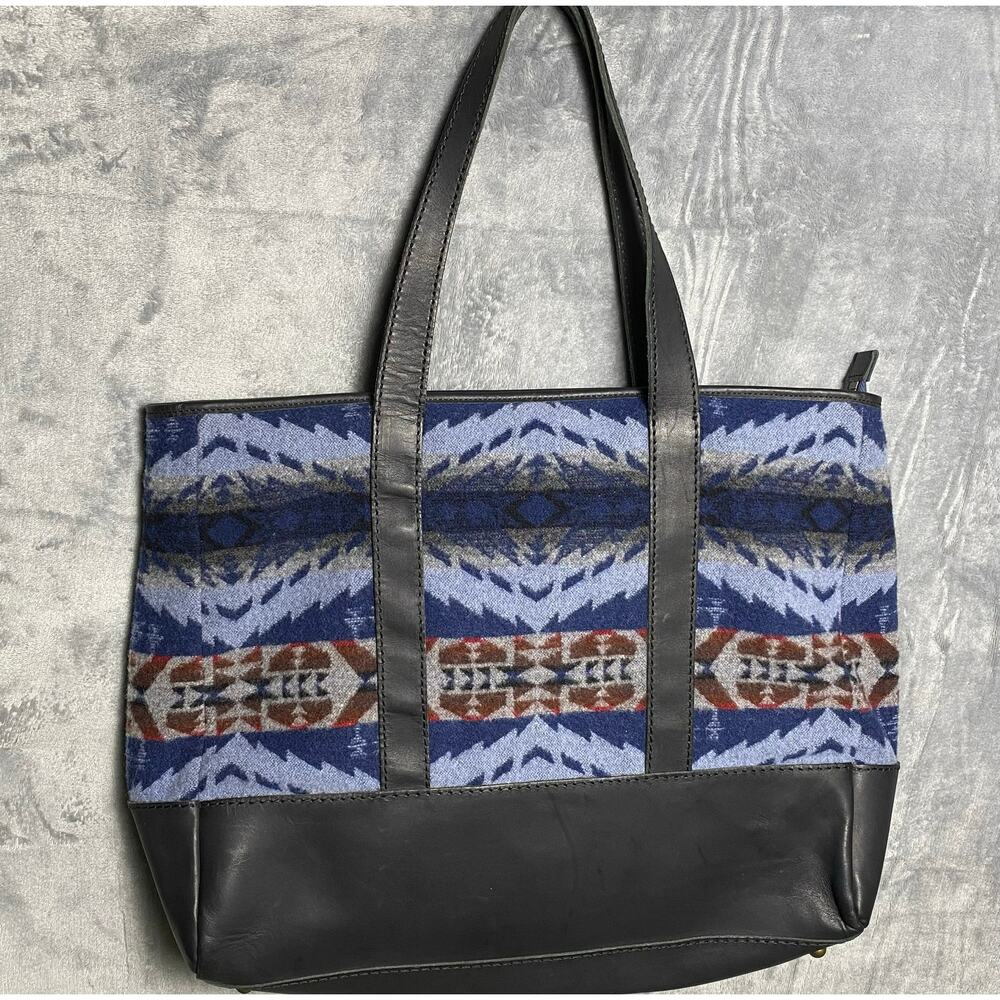Pendleton Large Wool & Leather Tote Zip Top Aztec Print Weekend Bag Americana